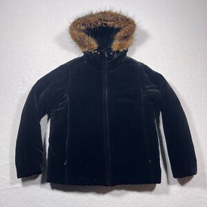 Ralph Lauren Jacket Parka Coat Women P / S‎ Black Velvet Silk Faux Fur Hooded